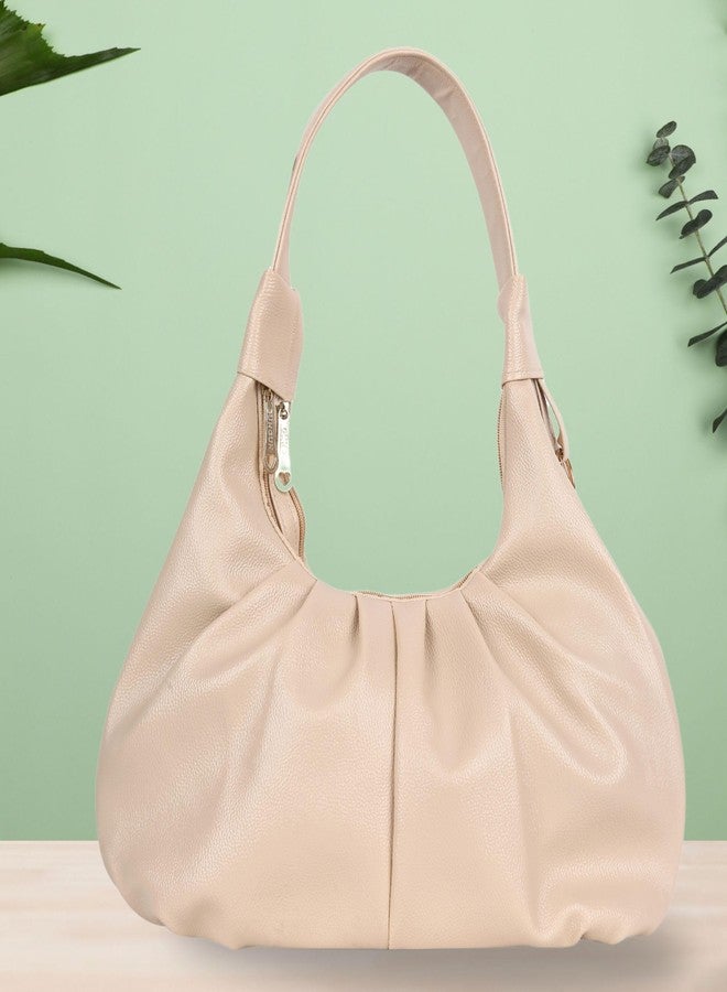 Dcozi Casual & Stylish Hobo Bag for Women & Girls- Soft Pleated PU Leather Shoulder Handbag with Zipper Closure | For Use Office & Everyday Purse (TB16) (Beige) - Image 3